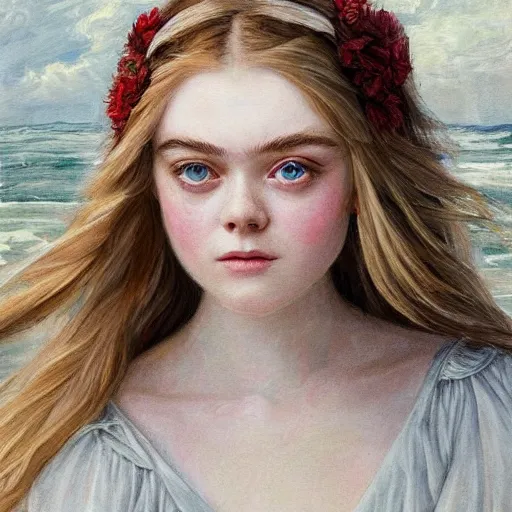 Image similar to professional painting of Elle Fanning in the style of Sophie Anderson, head and shoulders portrait, symmetrical facial features, smooth, sharp focus, illustration, intricate, stormy weather, extremely detailed masterpiece,