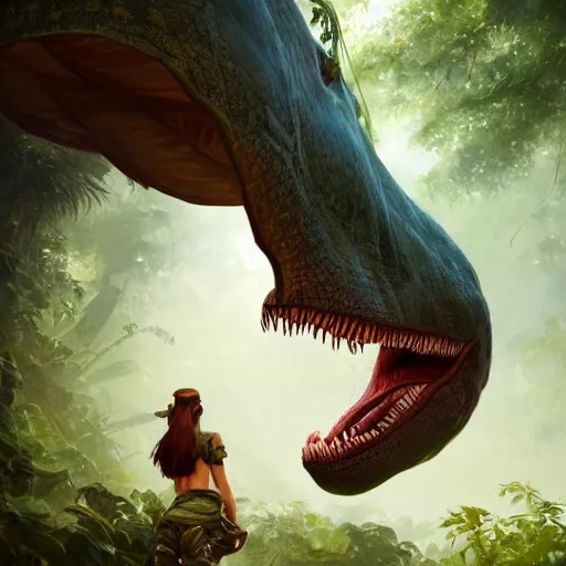 Prompt: a dinosaur in the jungle, huggy wuggy from poppy playtime video game, fullbody, ultra high detailed, oil painting, greg rutkowski, charlie bowater, yuumei, yanjun cheng, unreal 5, daz, hyperrealistic, octane render, rpg portrait, dynamic lighting, fantasy art, beautiful face