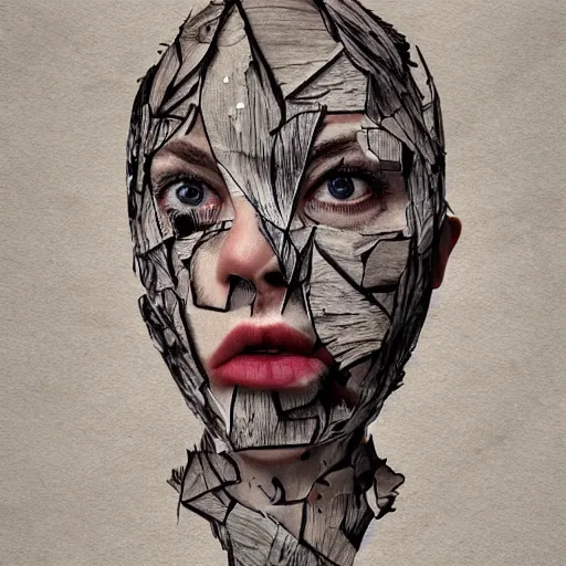 Image similar to face shredded like paper as skin peeling, dark, surreal, illustration, by ally burke