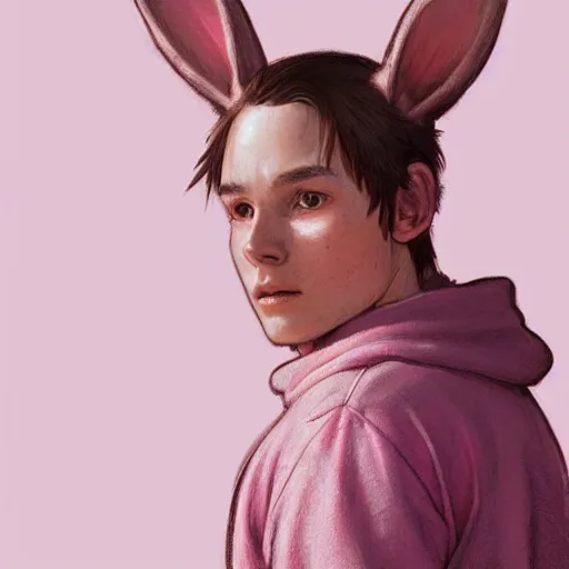 Image similar to ultra realistic illustration, young man in a pink sweatshirt, brown hair, pink bunny ears, cute, highly detailed, digital painting, artstation, concept art, smooth, sharp focus, illustration, art by artgerm and greg rutkowski and alphonse mucha