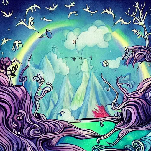 Prompt: The illustration would show the unicorn and monsters in different settings, such as a dark forest or stormy sea. The colors would be bright and vibrant, with the unicorns mane standing out against the background. The style would be whimsical and fun, with a touch of adventure.