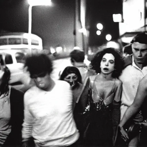 Image similar to Street photography, a close up of several people leaving a seedy nightclub at 5am, they are smoking, someone is screaming, Kodachrome