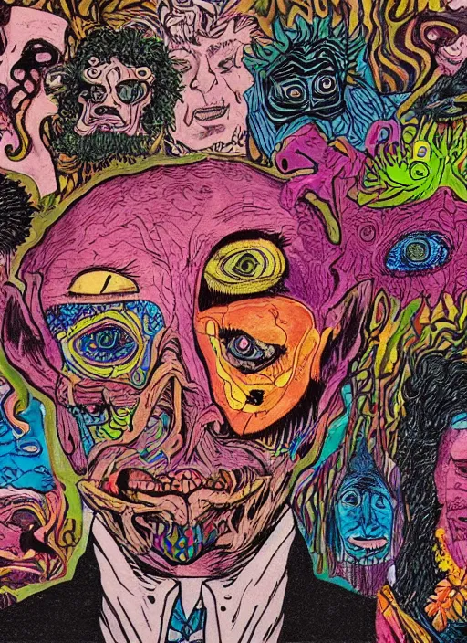 Image similar to a man with a psychedelic face with many deformed and chaotic monsters on his face