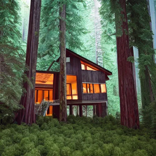 Prompt: A house made of trees in a redwood forest, hasselblad DSLR, 1600 ISO, 10mm lens, film grain, hypperrealistic, photorealistic, gigapixel maximum upscale, megascans, 8k, cinema4D, octane render, epic composition