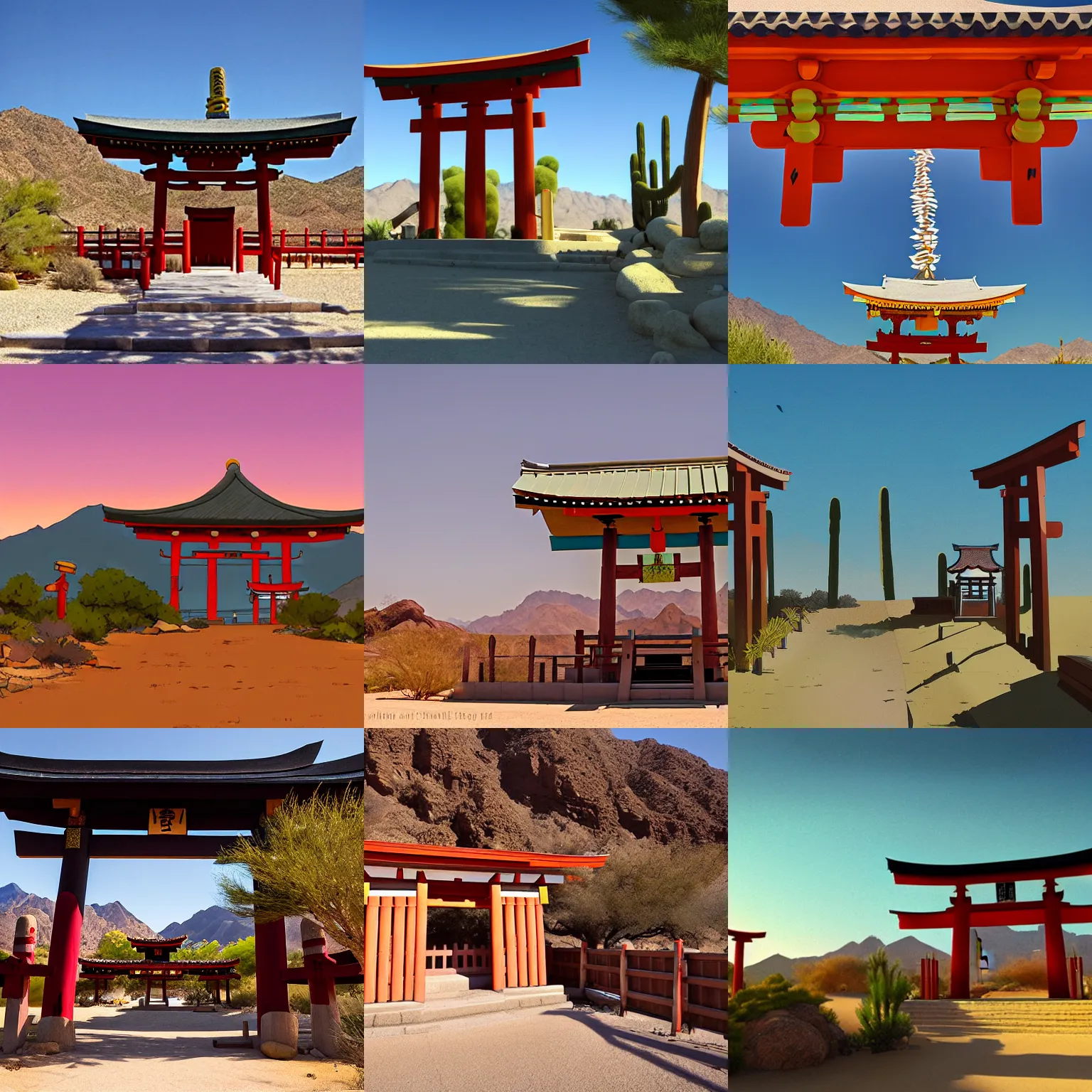 Prompt: a shinto shrine in the desert southwest, by makoto shinkai