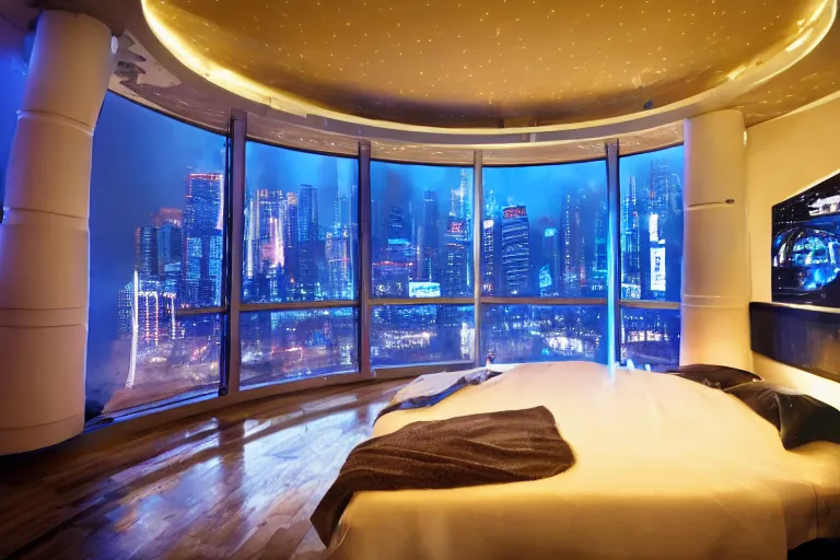 Image similar to a futuristic bedroom with large curved ceiling high windows looking out to a far future cyberpunk cityscape, cyberpunk neon lights, raining, scifi