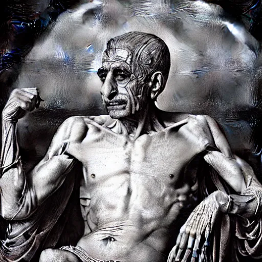 Image similar to The Shah of Iran with translucent skin, visible muscles and veins and arteries and bones and spine and nerves, beautiful detailed intricate insanely detailed octane render, 8K artistic photography, photorealistic, chiaroscuro, by David Cronenberg, Raphael, Caravaggio