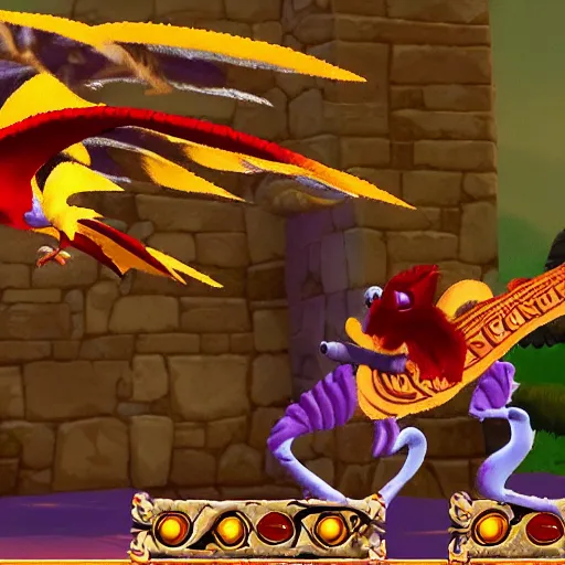 Image similar to screenshot of a griffin bard as an npc in spyro the dragon video game, with playstation 1 graphics, activision blizzard, upscaled to high resolution