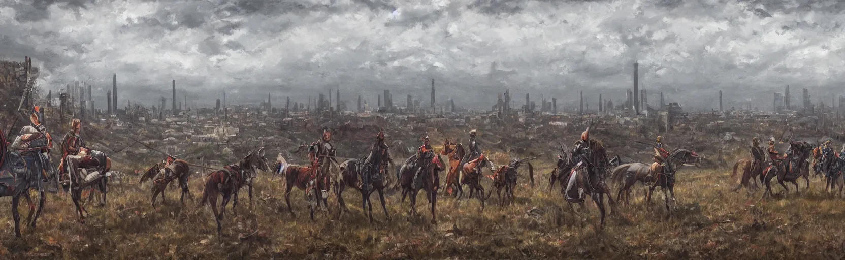 Prompt: horseback knights at scenic overlook; cloudy, grey skies, tents in foreground, fortress city of deteriorating office buildings in background upon hill, post apocalyptic, grungy; oil on canvas, artstation, neon