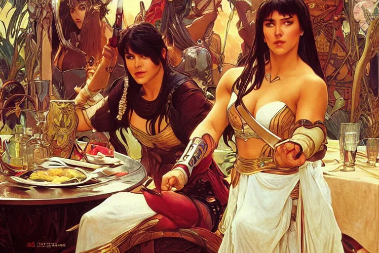 Image similar to xena warrior princess eating at a restaurant with a hispanic man art by artgerm and greg rutkowski and alphonse mucha