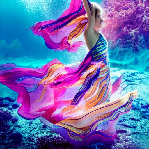 Image similar to woman dancing underwater wearing a flowing dress made of blue, magenta, and yellow seaweed, delicate coral sea bottom, swirling silver fish, swirling smoke shapes, octane render, caustics lighting from above, cinematic, hyperdetailed