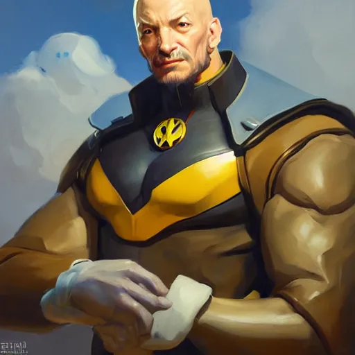 Image similar to Greg Manchess portrait painting of Professor Xavier as Overwatch character, medium shot, asymmetrical, profile picture, Organic Painting, sunny day, Matte Painting, bold shapes, hard edges, street art, trending on artstation, by Huang Guangjian and Gil Elvgren and Sachin Teng