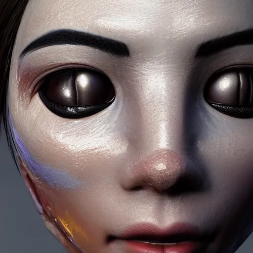 Prompt: a close up of a female face with plastic skin, sci-fi style, 3d digital art, high quality render, unreal engine 5, washed colors, Chie Yoshii, octane render,