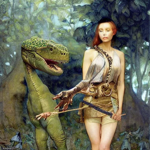 Image similar to epic masterpiece full body portrait a beautiful woman with a small dinosaur as a pet on a leash, by Edgar Maxence and Ross Tran and Michael Whelan