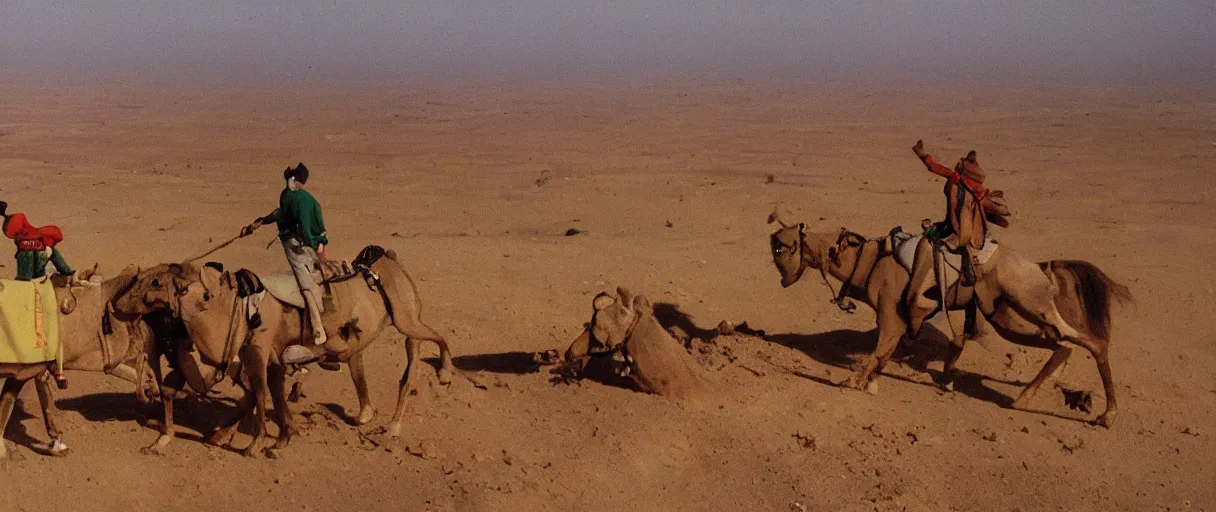 Image similar to Tintin crossing the Arabian dessert near the Arabian ocean, ottoman city is in the horizon