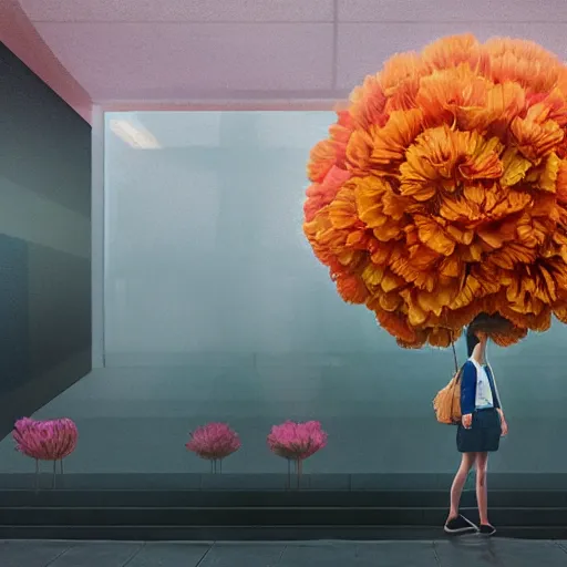 Image similar to giant carnation flower head, woman standing in metro station, surreal photography, dramatic light, impressionist painting, digital painting, artstation, simon stalenhag