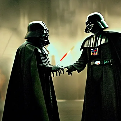 Image similar to voldemort vs darth vader, movie still photo,