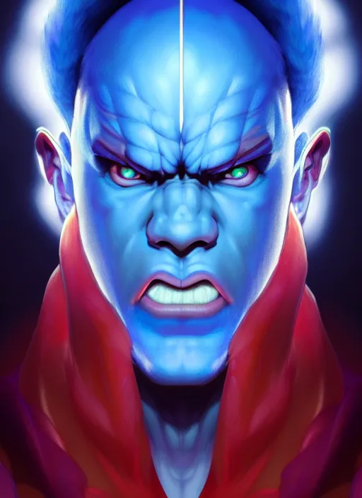 Image similar to symmetry!! portrait of blue akuma, street fighter, global illumination!! intricate, elegant, highly detailed, digital painting, artstation, concept art, smooth, sharp focus, illustration, art by artgerm and greg rutkowski and alphonse mucha