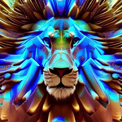 Image similar to a crystalline 3 d mandelbulb fractal in the shape of a lion, bioluminescent opal, fractal, magnificent lighting, ethereal, ray tracing, octane