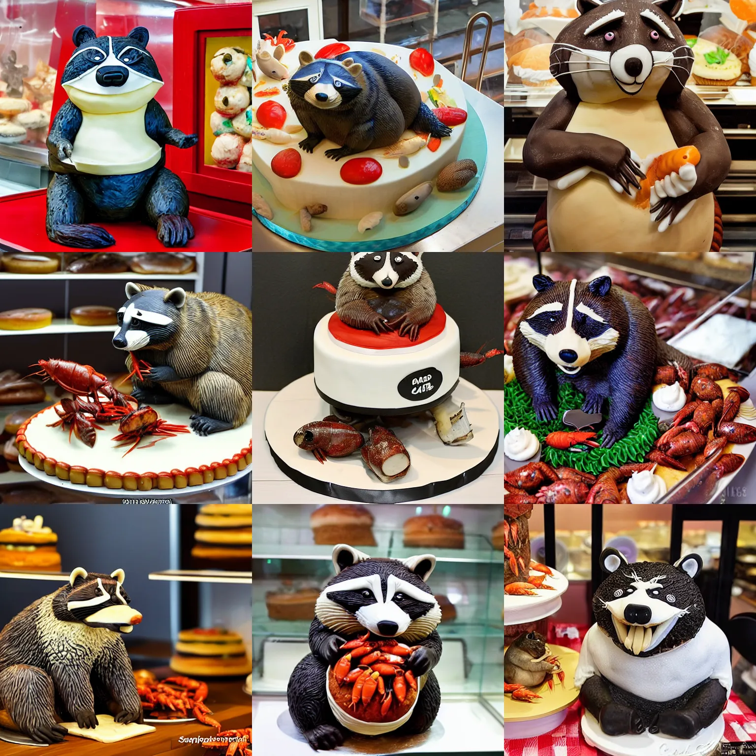 Prompt: cake sculpture of a fat raccoon eating crawfish, displayed in a bakery display case, cake sculpture, cake art, animal - shaped cake, raccoon, food photography