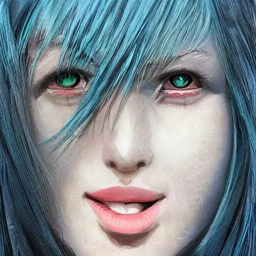 Image similar to full face shot of rimuru tempest, sky blue straight hair, long bangs, with amber eyes, wearing a black jacket, high collar, ultra detailed, concept art, award winning photography, digital painting, cinematic, wlop artstation, closeup, pixiv, evil, yoshitaka amano, andy warhol, ilya kuvshinov,