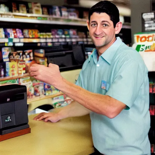 Prompt: Former House Speaker Paul Ryan minding the till at a 7/11. CineStill