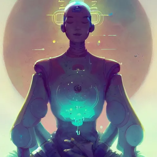 Image similar to a beautiful illustration of a humanoid robot meditating by pete mohrbacher and guweiz and josan gonzalez and and moebius and enki bilal and jean claude meziere, graphic novel