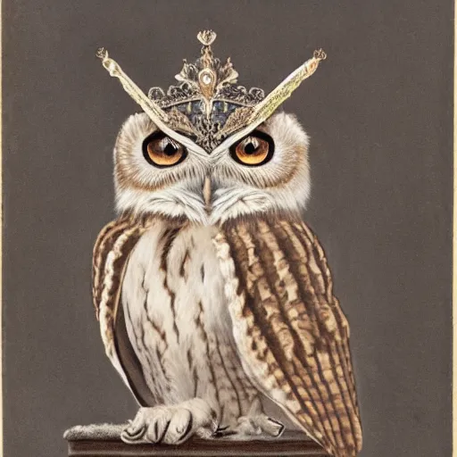 Image similar to a renaissance style portrait of an Eurasian scops owl (Otus scops) wearing a crown and a cape, dark background