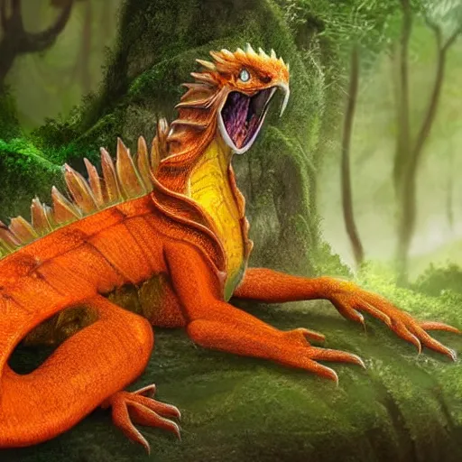 Prompt: handsome cute orange dragon sitting in a lush forest, dnd character, background focus, fantasy, magic, realistic textured skin, eagle feather, falcon wings, lizard legs, raptor, komodo stance, big glowing eyes, topaz gigapixel upscale