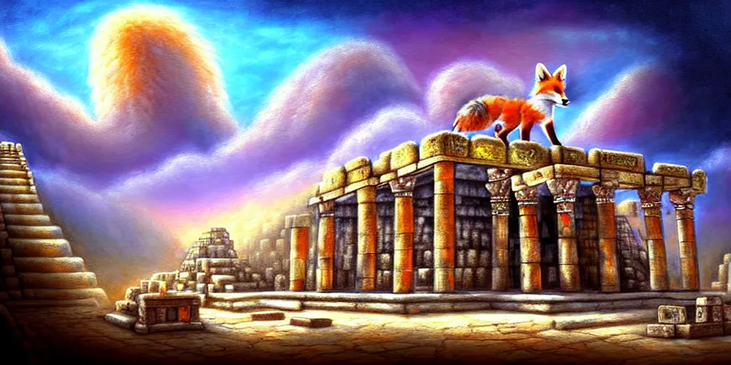 Image similar to illusion painting hidden temple in the clouds : an adorable small fox in the huge ruins of the second temple in jerusalem. a new temple hovers quietly hiding in the dreamy clouds above. a hooded bearded old man in a brown tunic laughing, colorful 8 k, art station, intricate superb details, digital art, illusion painting hidden image.