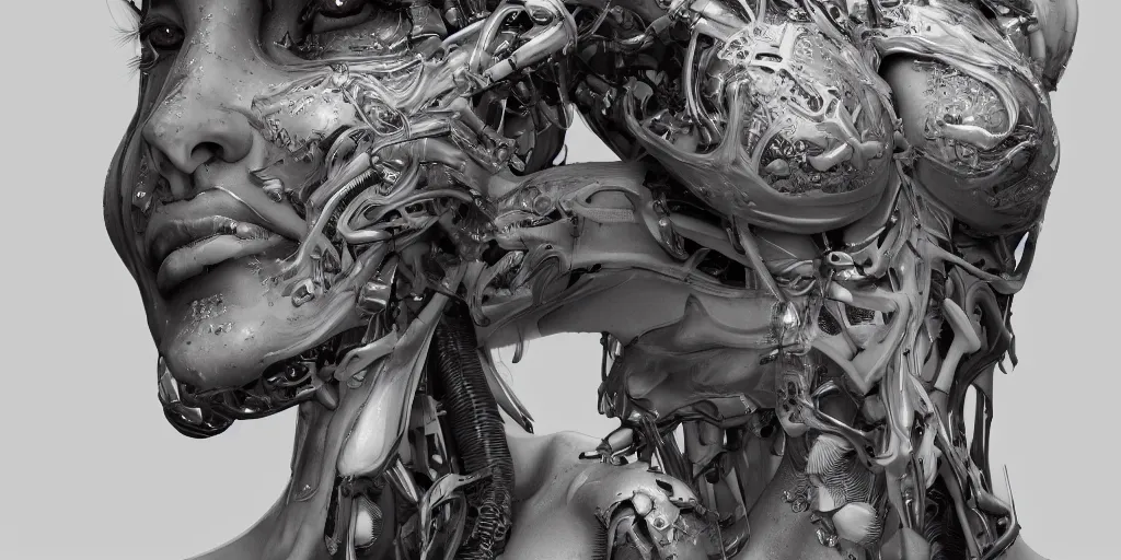 Image similar to photorealistic gorgeous symmetrical female cyborg, holding intimately, highly detailed, intricate detailing, torso, neck, knees, in the style of, beth cavener, jin kagetsu, wlop, masterpiece, concept art, high key lighting, ambient lighting, octane render, 8 k, artstation
