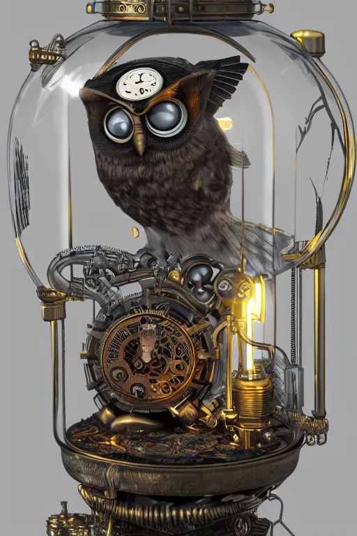 Prompt: steampunk owl inside a glass jar, glowing eyes, gears, glowing vacuum tubes pocketwatch hourglass intricate detail, hyper detailed, ultra realistic, sharp focus, octane render, lantern, volumetric, ray tracing, artstation trending, moon, pocketwatch, cgsociety, swirling mist, magical, moon, 4 k
