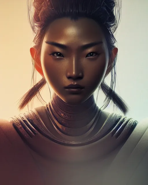 Prompt: front facing portrait of samurai, female, prismatic highlights, atmosphere, super model, brown skin, beautiful, depth of field, cinematic, macro, concept art, 50mm, art station, digital painting, elegant, epic, focus, octane render, v-ray, 8k, art by Yoshitaka Amano