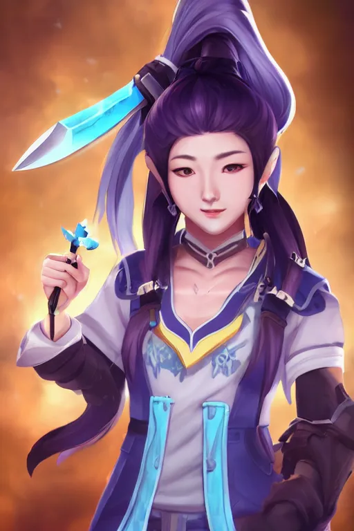 Prompt: a south korean female from paladins, white ponytail hair, she is holding a kunai, cloud tattoos on her arms, wearing light blue short jacket, highly detailed digital art, character design, masterpiece