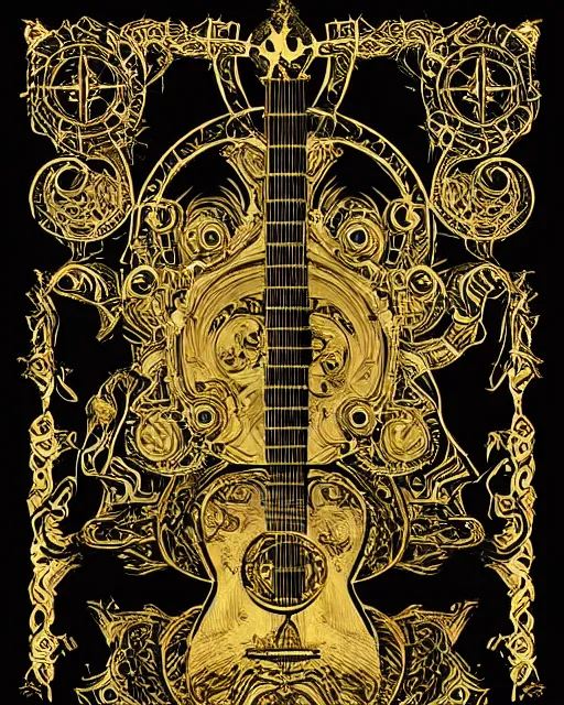 Prompt: demonic fractalpunk guitar concept illustration, rococo, celestial runes floating, symmetrical composition, spiral with golden ratio, gold and black paper, de - noise, ornate border, tarot card, 8 k