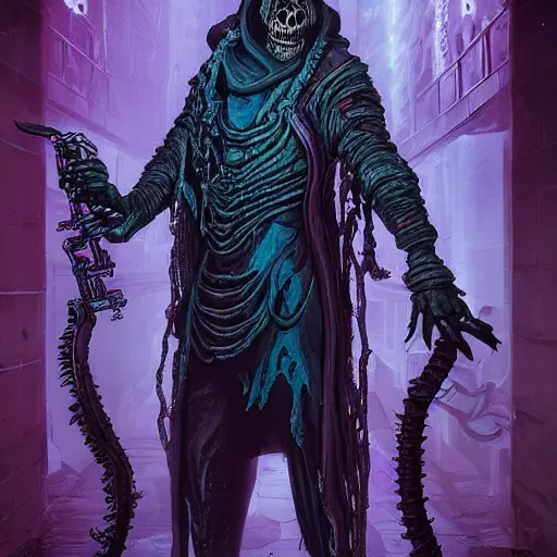 Image similar to cyberpunk undead lich ilithid mindflayer playing synthesizers, honeycomb skull structure, D&D, highly detailed, realistic, technology and magic,