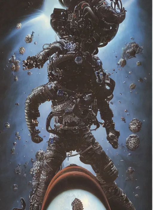 Image similar to astronauts in dark void underwater - complex and hyperdetailed technical suit. reflection and dispersion materials. rays and dispersion of light. volumetric light. f / 3 2. noise film photo. flash photography. ultra realistic, wide angle. poster by wayne barlowe, hajime sorayama aaron horkey, craig mullins