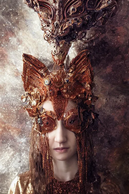 Image similar to priestess thin woman with curly red hair with glittering priestess clothes wearing a glittering fox mask with tiny mineral and bismuth incrustations. By tom purvis, emil melmoth, zdzislaw belsinki, Craig Mullins, yoji shinkawa, dark rainbow color scheme, featured on artstation, beautifully lit, Peter mohrbacher, zaha hadid, hyper detailed, insane details, intricate, elite, ornate, elegant, luxury, dramatic lighting, CGsociety, hypermaximalist, golden ratio, environmental key art, octane render, weta digital, micro details, 3d sculpture, structure, ray trace 4k