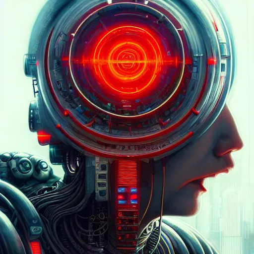 Prompt: low angle shot of a cyberpunk robot character surrounded by red computer wires, intricate, elegant, highly detailed, centered, digital painting, artstation, concept art, smooth, sharp focus, illustration, artgerm, Tomasz Alen Kopera, Peter Mohrbacher, donato giancola, Joseph Christian Leyendecker, WLOP, Boris Vallejo