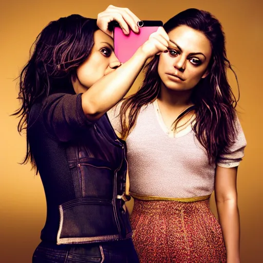 Prompt: Selfie photograph of Mila Kunis and Mila Kunis, golden hour, 8k, photographed by Erwin Olaf