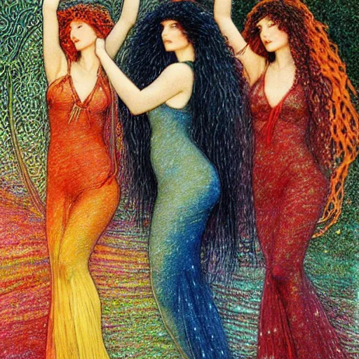 Prompt: shadowy persimmon, dark rainbow by carlos schwabe. the assemblage is a beautiful work of art. the three graces are depicted as beautiful young women, each with their own unique charms. the assemblage is full of color & life, & the women seem to radiate happiness & joy.