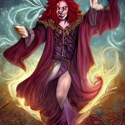 Image similar to The celestial warlock (a beautiful half elf with long red hair) clumsily knocks a single red rose from the top of a funerary urn, releasing an angry wraith from inside the urn. The urn is on the floor, the rose is falling. Dramatic digital art illustration in comic book style by Simon Bisley