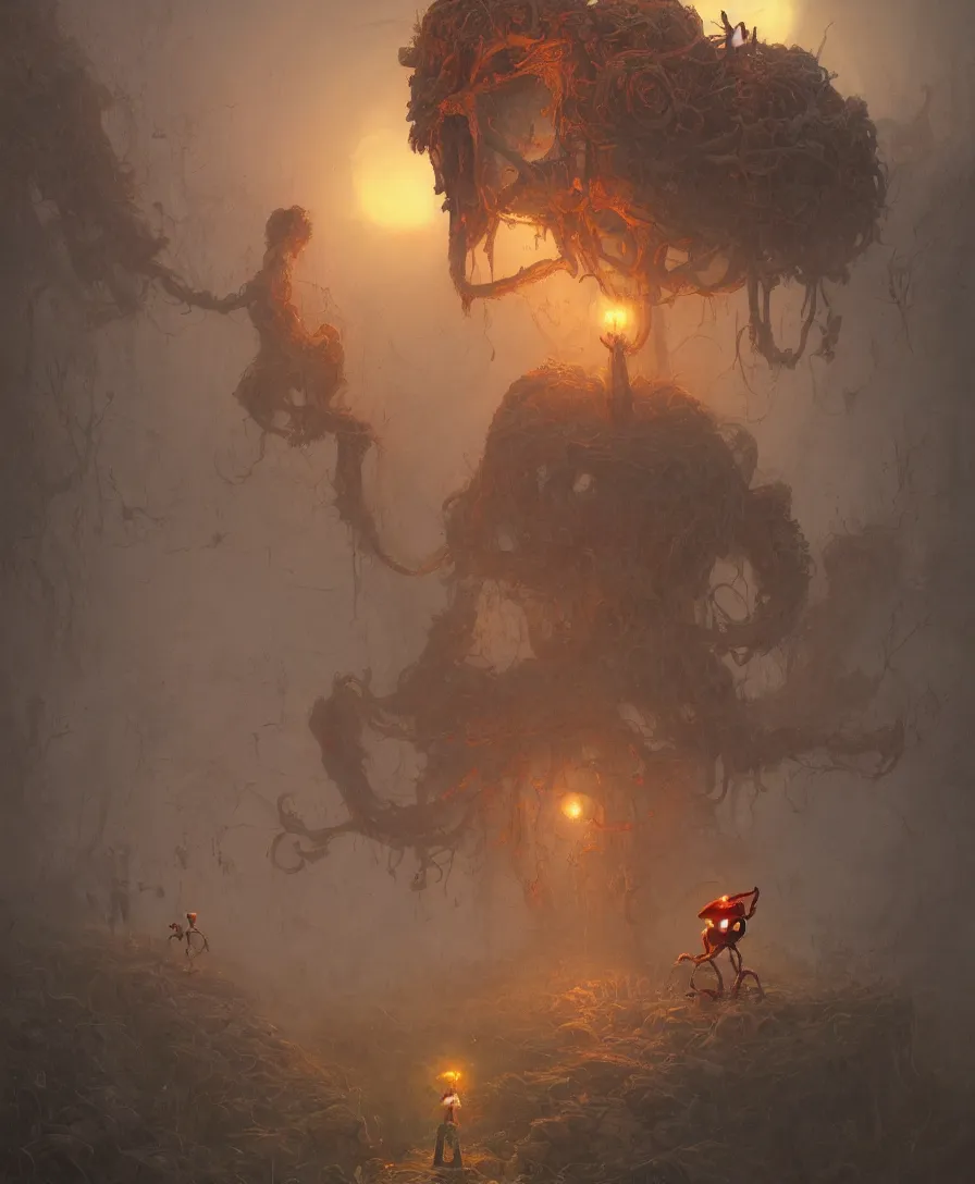 Image similar to skull clown, afterlife, illustrated by Simon Stålenhag and Gaston Bussiere, 35mm lens, beautiful volumetric lighting style atmosphere, intricate, ultra detailed, photorealistic, trending on artstation 8k