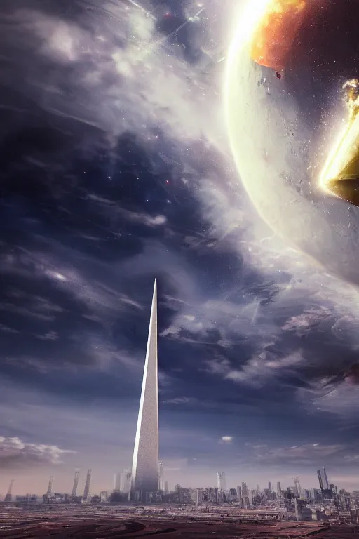 Prompt: buenos aires obelisk as a spaceship taking off, photorealistic sci - fi dramatic lighting fantasy art wallpaper
