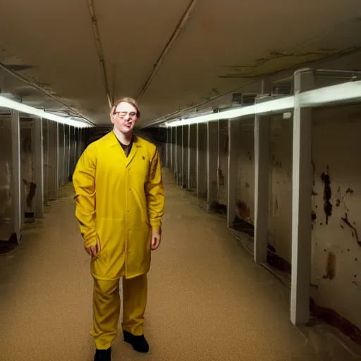 Prompt: flash low quality photograph of a male scientist wearing a lab coat in the backrooms, mustard - yellow old moldy moist carpet room, empty liminal space, very dark shadows, broken fluorescent lighting, horror movie scene, film grain