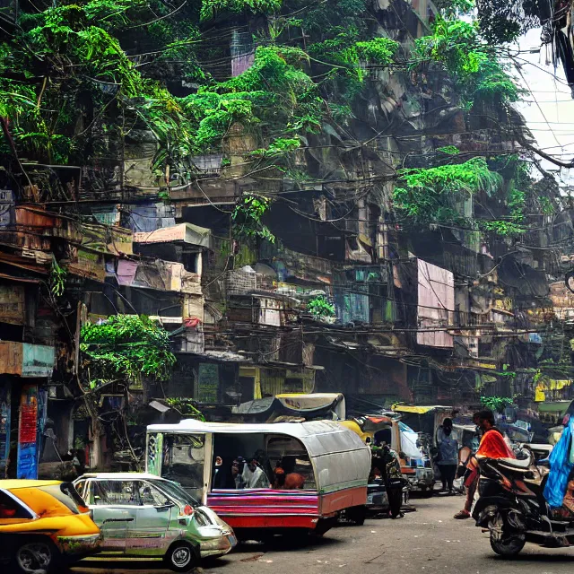 Prompt: streets of mumbai, 2 0 7 0, cyberpunk, mossy buildings, high fidelity, uncompressed png, indian caravans