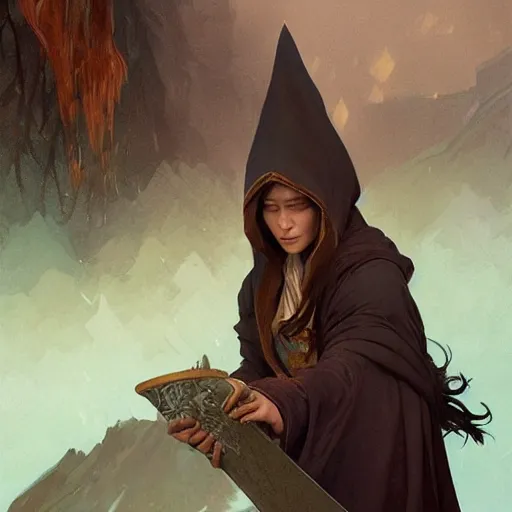 Prompt: a female wizard with brown hair wearing a blue hood, fantasy, highly detailed, digital painting, artstation, concept art, character art, art by greg rutkowski and tyler jacobson and alphonse mucha