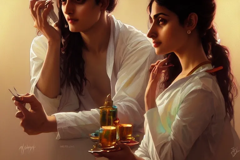 Image similar to Anxious good looking pale young Indian doctors drinking, portrait, elegant, intricate, digital painting, artstation, concept art, smooth, sharp focus, illustration, art by artgerm and greg rutkowski and alphonse mucha