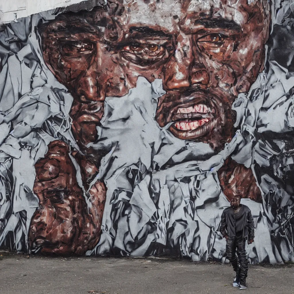 Image similar to kanye west as the terminator, street art, abandoned factory