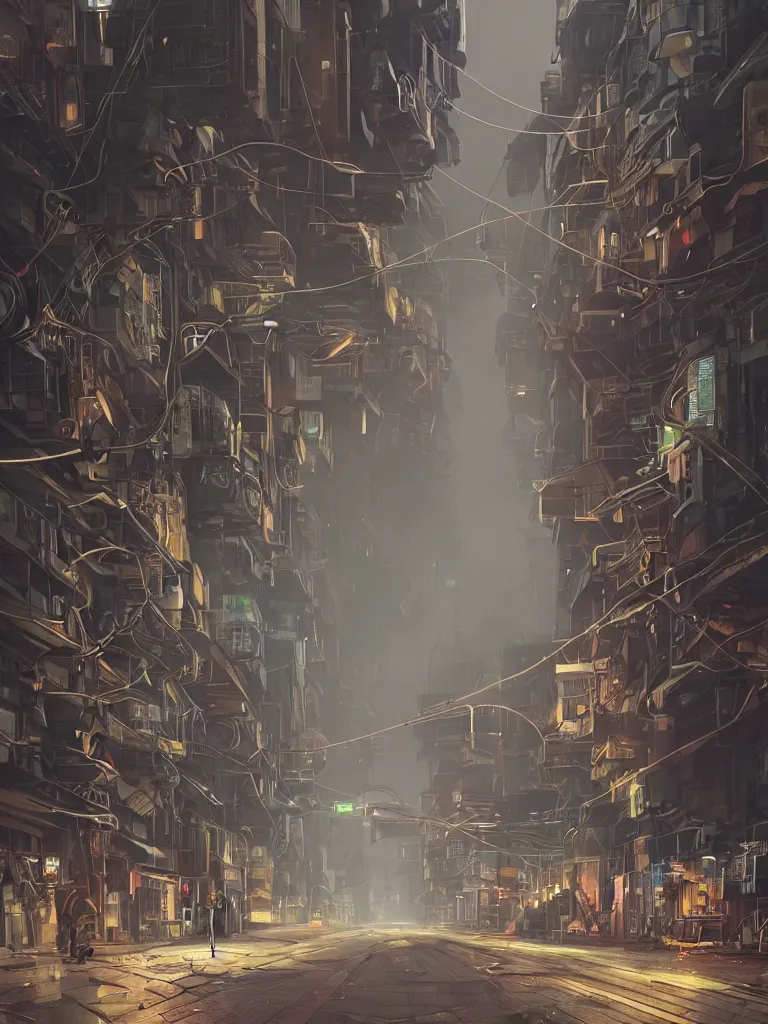 Image similar to futuristic dieselpunk street, cable stone ground. lots hanging cables, tiny wires on the ground. narrow, garbage on the ground. rain. fog, haze, evening. led screens. neon signs. golden hour. very sharp. cables on the ground. very messy. futuristic. photorealistic. artstation. anime. studio gimbli style. golden rate.